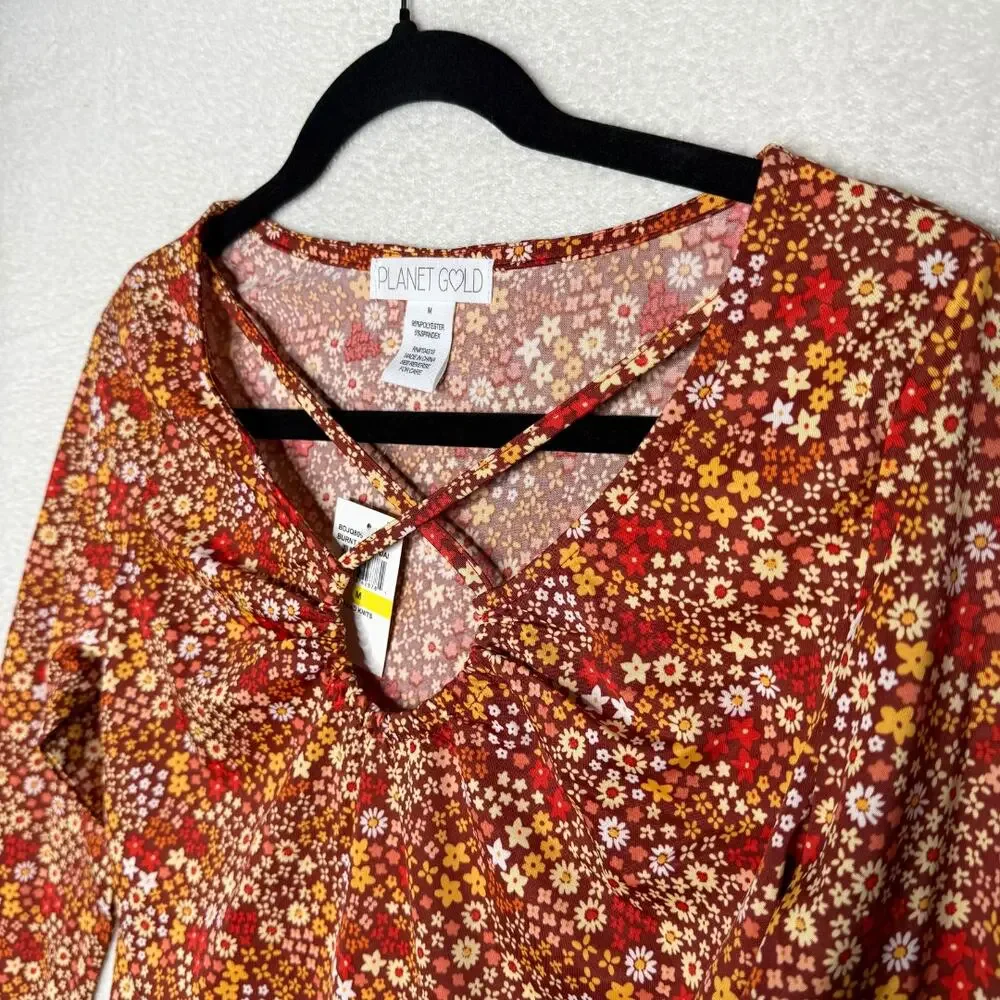 Planet Gold Floral Long Sleeve Criss Cross Crop Top Burnt Henna Medium Bohemian